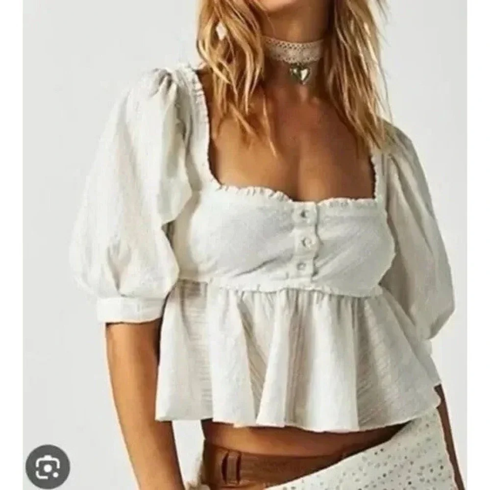 Free People Blouse Womens Small White Puff Sleeve Smocked Back Peplum Boho Top